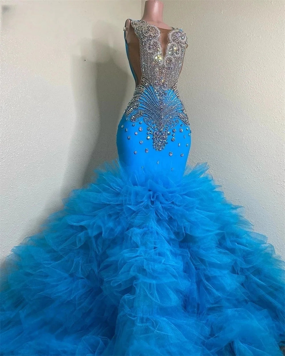 women's made-to-order dressesSky Blue African American Long Prom Dresses For Black Girls Mermaid Sheer Ruffles Crystals Elegant Evening Gown Customized