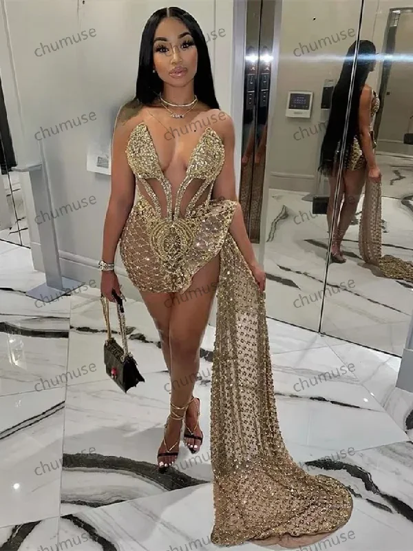 Ruffle DressSparkly Sweetheart Sleeveless Gold Sequined African Black Girls Short Prom Dresses With Side Train For Birthday Customized