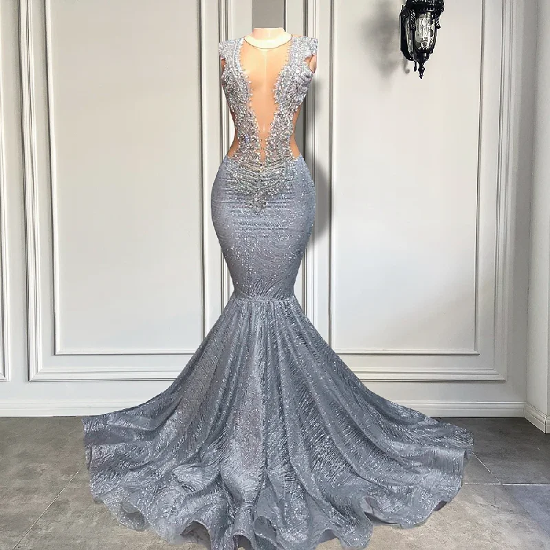 Velvet DressLong Glitter Prom Dresses Mermaid Style Sexy Sheer Top Luxury Sparkly Beaded Silver Black Girl Formal Prom Gala Gowns