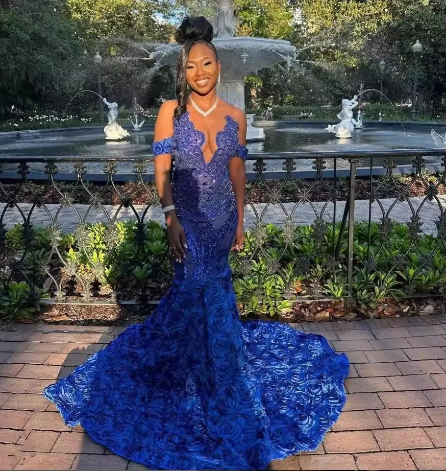 women's handmade dressesRoyal Blue Sparkly African Prom Reception Dresses Luxury Diamond Crystal 3D Rose Train Evening Birthday Gala Gown customsized