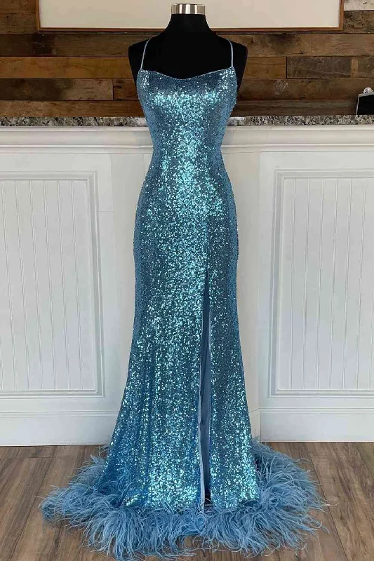 Cold-Shoulder DressLong Sequined Blue Straps Prom Dress with Feather Hem Y340
