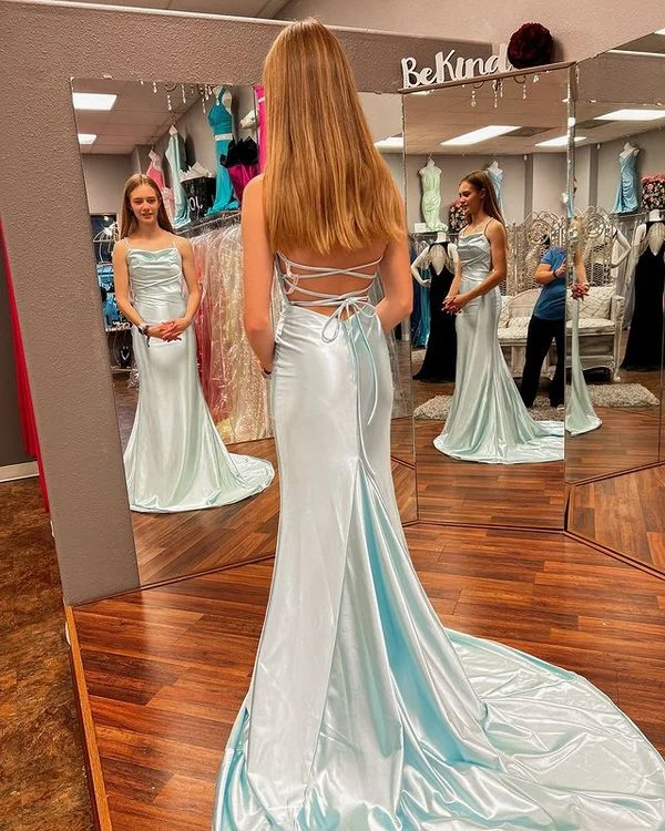 women's cinched-waist dressesCute Mermaid Cowl Neck Mint Silk Satin Long Prom Dress Y508