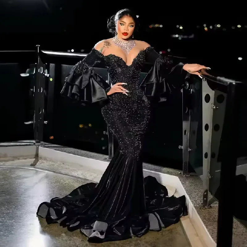 women's limited-edition dressesElegant Plus Size African Black Mermaid Prom Dresses with Flare Sleeves Luxury Beaded Sheer Neck Birthday Dress Aso Ebi Custom