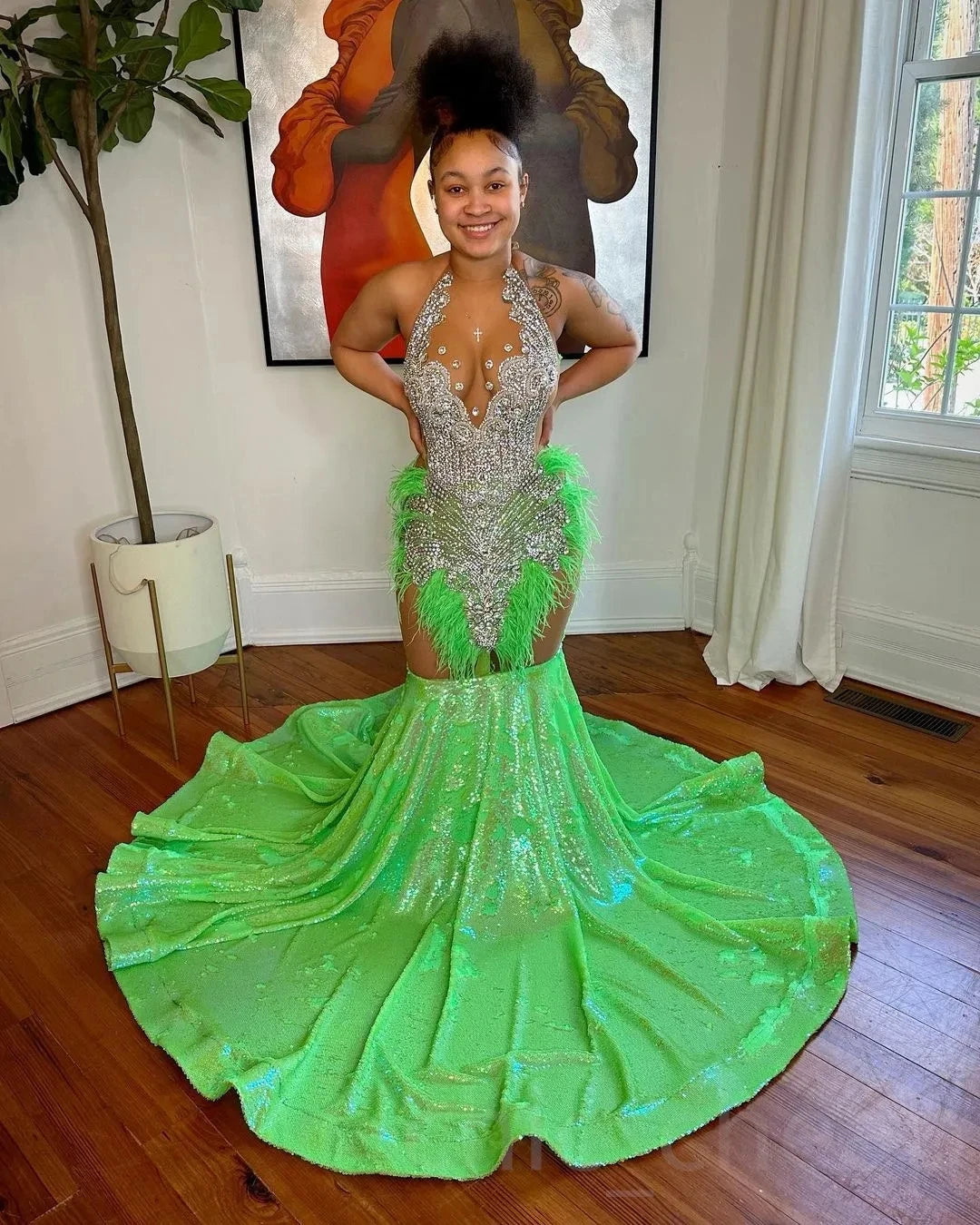 women's curve-hugging dressesGreen African American Prom Dresses Mermaid Sheer Sequins Beaded Black Girls Nigeria Robe De Soiree Evening Gown Customized