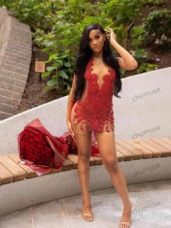 women's mini dressesRed Halter Black Girl Prom Dresses Short Bead Crystal Rhinestone women's mini dressesRed Halter Black Girl Prom Dresses Short Bead Crystal Rhinestone