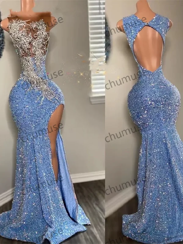 women's fair-trade dressesGlitter Blue Sequins Prom Dress Beading Crystal Side Split women's fair-trade dressesGlitter Blue Sequins Prom Dress Beading Crystal Side Split