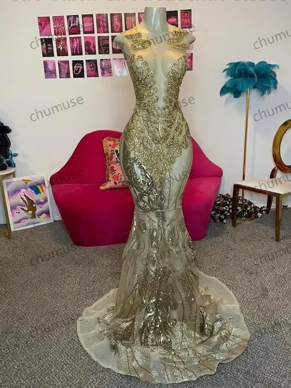 women's sleeveless dressesGold Prom Dresses Black Girls O Neck Sexy Mermaid Gowns