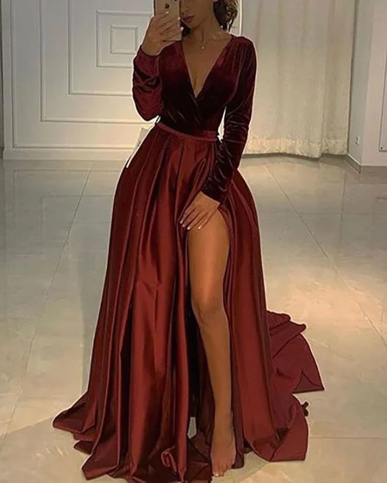 Sheath DressV Neckline Velvet Bodice Burgundy Prom Dress Sexy Leg Slit S12782