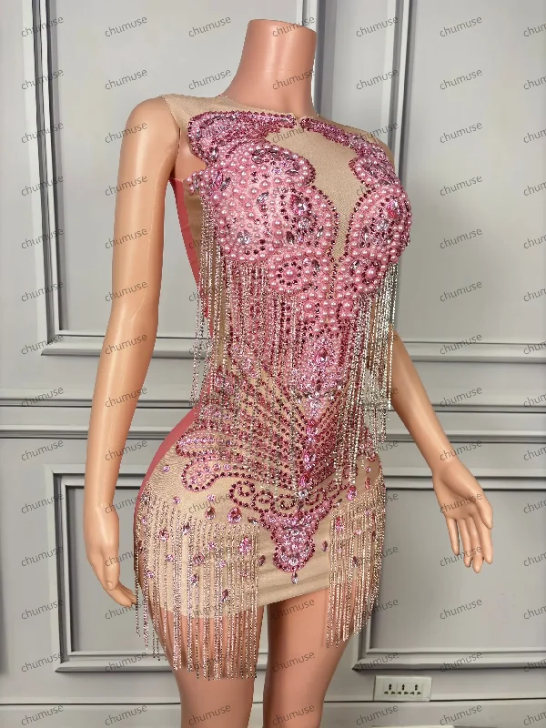 women's body-skimming dressesLuxury Pink Rhinestones Short Prom Dresses Sexy Sheer Mesh Diamond Beaded women's body-skimming dressesLuxury Pink Rhinestones Short Prom Dresses Sexy Sheer Mesh Diamond Beaded