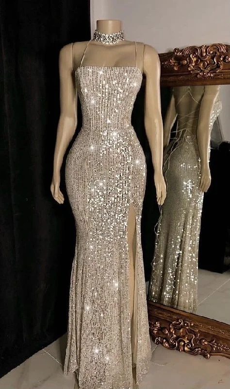 Tiered DressGlitter Mermaid Cross Back Sequin Prom Dresses with Split