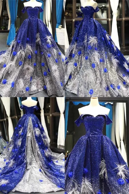women's wrap dressesRoyal Blue Off Shoulder Prom Dresses Ball Gown Sequined Plus Size Formal Gown S20992