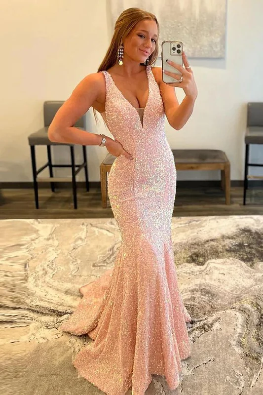 Tulle DressPink Deep V Neck Mermaid Prom Dress Y331