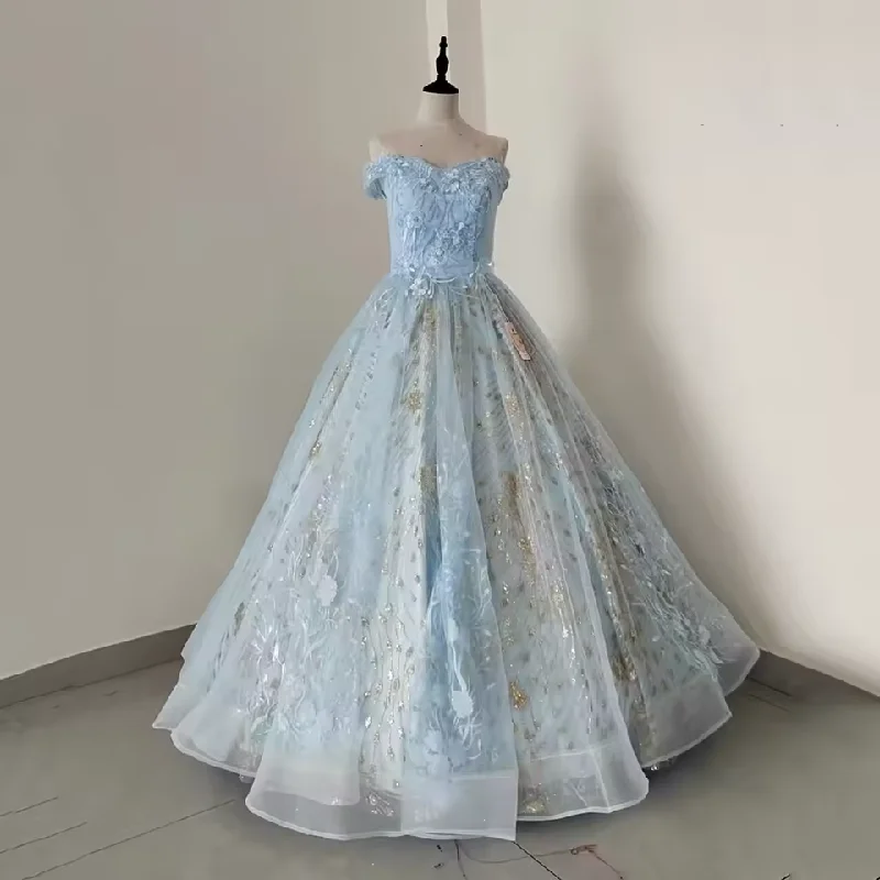 Ball Gown DressLight Blue Princess Dresses Gowns Lace Prom Poncho Dresses Glitter Sequins Prom Dresses