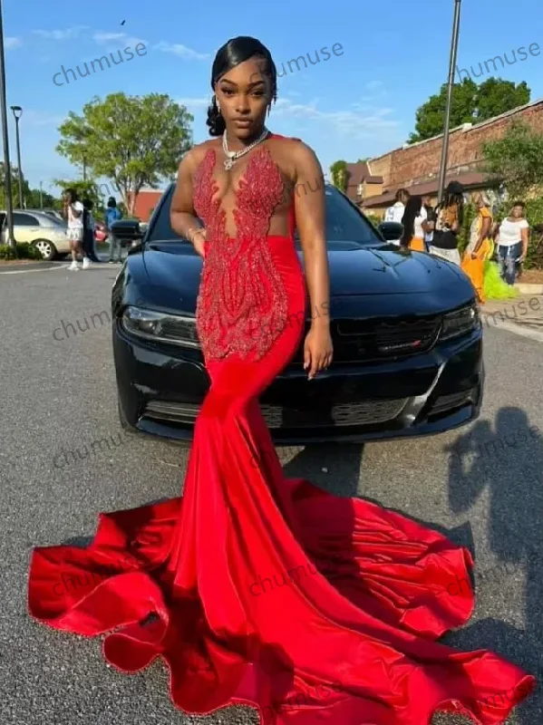 women's bridesmaid dressesLuxury Red V Neck Sparkling Diamond Applique Evening Gowns New Black Girls Fishtail Long Prom Dresses