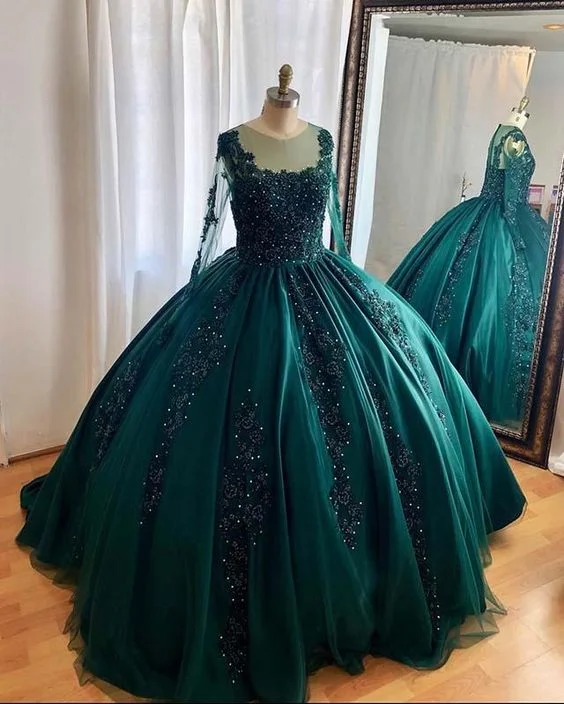 women's bespoke dressesHunter Green Ball Gown Prom Dresses Long sleeves  S15614