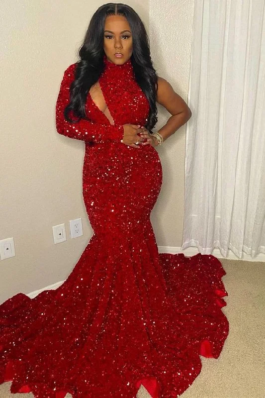 women's short-sleeved dressesSparkle Sequin Burgundy High neck Asymmetric Cut Mermaid Prom Dress Y156 women's short-sleeved dressesSparkle Sequin Burgundy High neck Asymmetric Cut Mermaid Prom Dress Y156
