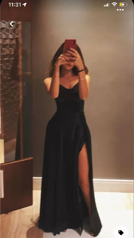 women's versatile dressesBlack A-line Sleeveless Long Prom Dress Side Slit Graduation Dress Y405