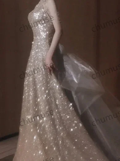 Lace DressGold Neck Sleeveless Sequined Diamond A-shaped Floor Skirt Prom Dress