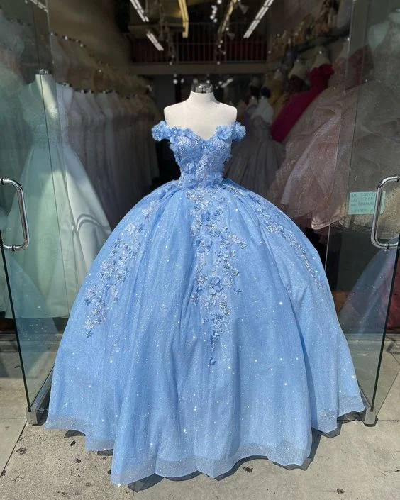 women's midi dressesOff the shoulder blue ball gown , sparkly prom dress with flowers S26908 women's midi dressesOff the shoulder blue ball gown , sparkly prom dress with flowers S26908
