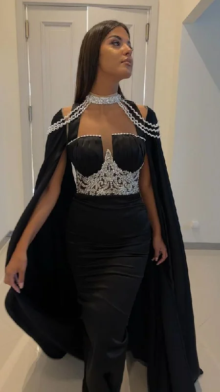 Ball Gown DressBlack Column Long Prom Dress With Cape Sleeves Y26