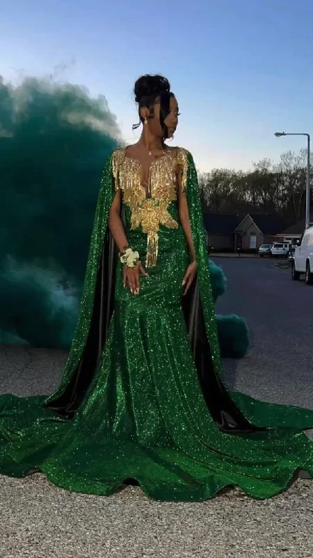 women's club dressesUnique Design Mermaid Green Sequins Prom Dress With Cape  Y116