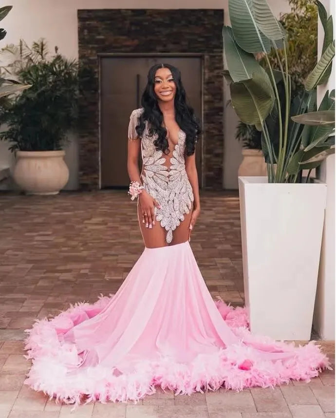 women's sustainable dressesSparkly Pink Long Mermaid Evening Formal Dresses Luxury Diamond Feather Sheer Mesh Customsized Prom Birhtday Gala Gown