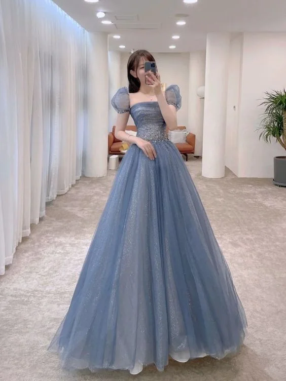 Halter DressA-line Blue Tulle Long Prom Dress Bubble Sleeves Y271