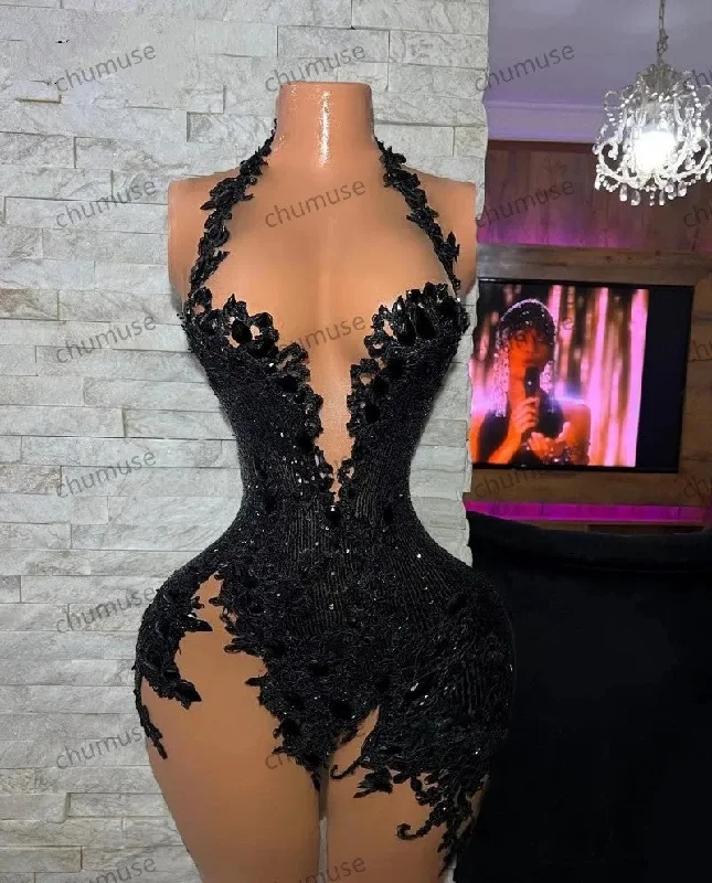 women's pear-shaped body dressesElegant Black Lace Prom Dresses For Little Girl High Neck Beaded Short Cocktail Gowns Abiti Da Cocktail Customized women's pear-shaped body dressesElegant Black Lace Prom Dresses For Little Girl High Neck Beaded Short Cocktail Gowns Abiti Da Cocktail Customized