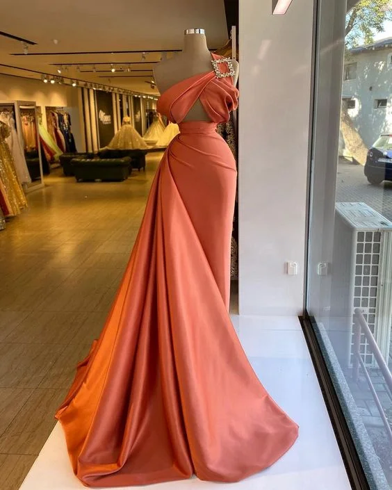 women's A-line dressesSatin prom dresses one shoulder prom dresses, orange prom gown Y197 women's A-line dressesSatin prom dresses one shoulder prom dresses, orange prom gown Y197