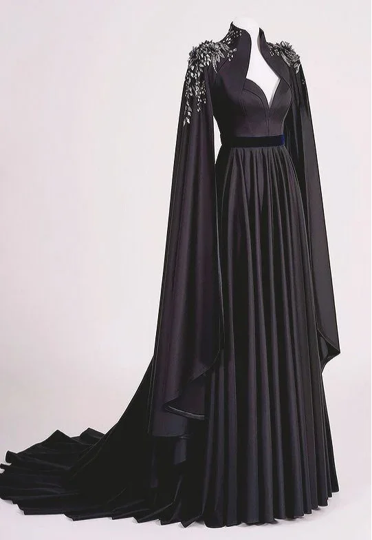women's ethical fashion dressesBlack Satin Long Prom Dress Gothic Style Y109