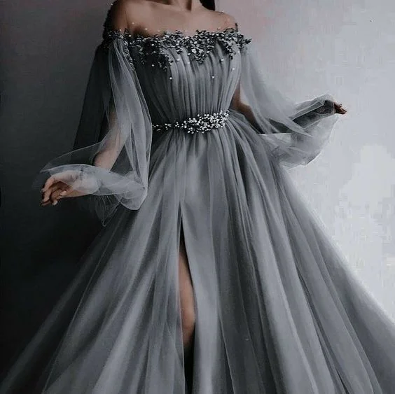 women's one-shoulder dressesOff the shoulder tulle prom dress S23034