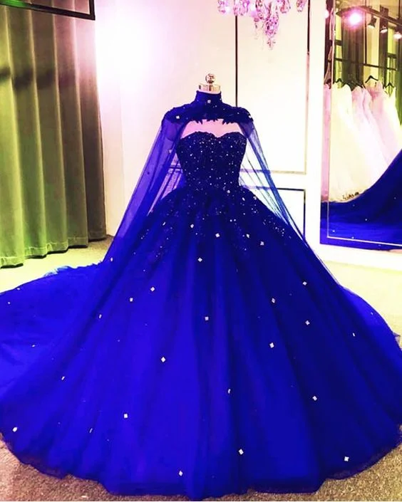 Silk DressRoyal Blue Tulle Ball Gown Prom Dress With Cape  S8255