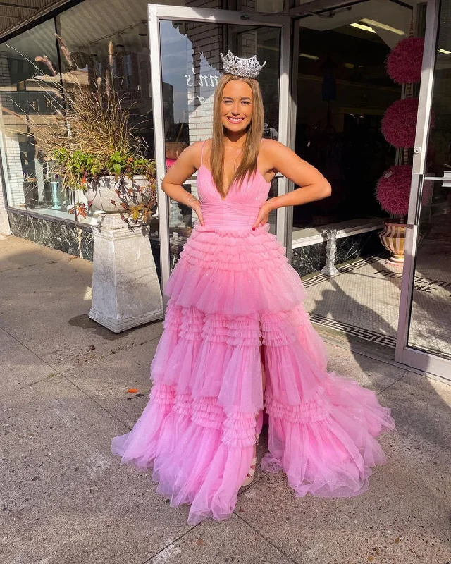 women's statement dressesA-line V Neck Pink Tulle Prom Dress Graduation Dress Charming Prom Dress Y448