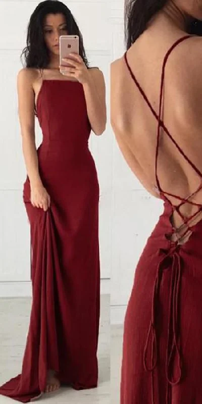 Lace DressSimple Burgundy Spaghetti Straps Backless Prom Dress S8181