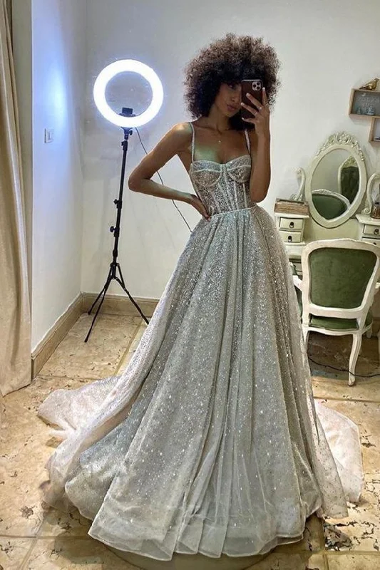 women's business casual dressesA-line V Neck Shiny Long Prom Dress  S20013