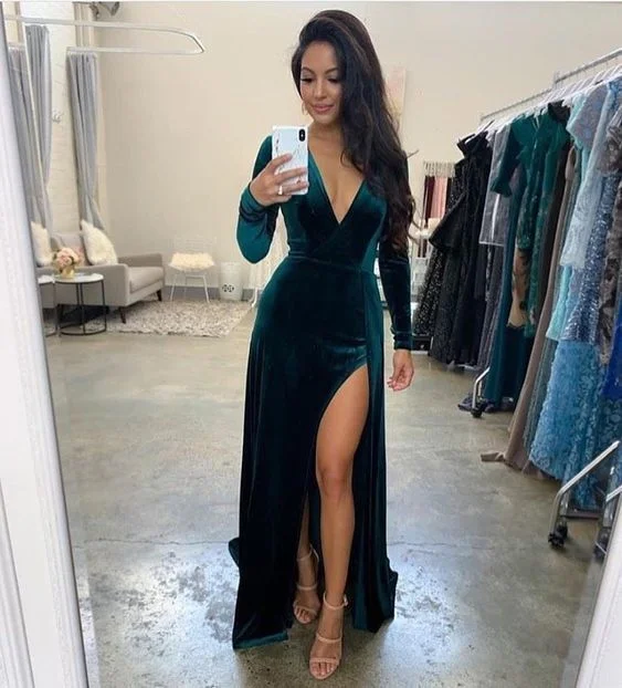 women's short-sleeved dressesV-Neck Split Front Velvet Prom Dress  S22792