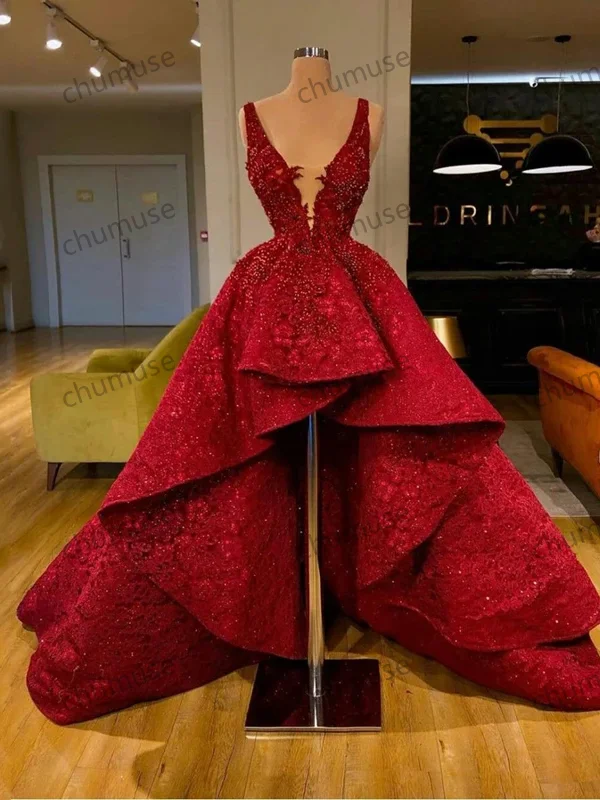women's stylish dressesHigh Low Red Prom Dresses Ruffle Train Lace Sequined Deep V Neck Celebrity Dress women's stylish dressesHigh Low Red Prom Dresses Ruffle Train Lace Sequined Deep V Neck Celebrity Dress