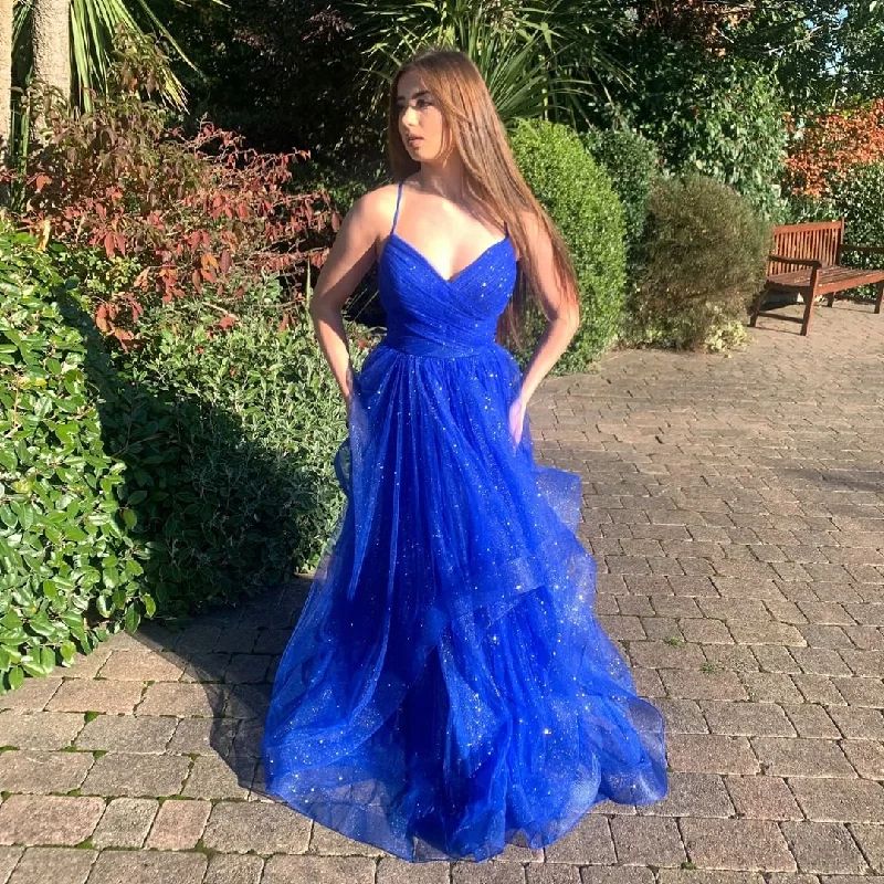 A-Line DressRoyal Blue Ruffle A-line Long Formal Gown Glitter Royal Blue Prom Dress Y358