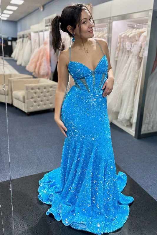 Silk DressLace-Up Blue Sequin Mermaid Long Prom Dress
