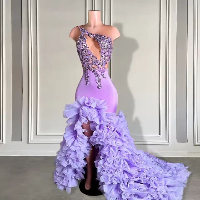 women's affordable dressesElegant Purple Appliques Beaded Long Prom Dresses 2025 Sexy Slit Black Girl Mermaid Prom Gowns Pleated Ruffle Customized