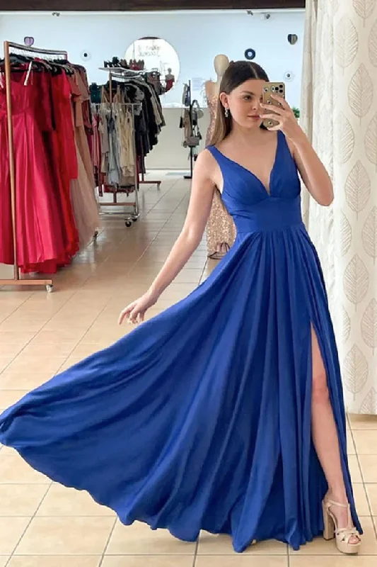 women's mini dressesA Line V Neck Royal Blue Satin Long Prom Dress with High Slit, V Neck Royal Blue Formal Graduation Dress Y206 women's mini dressesA Line V Neck Royal Blue Satin Long Prom Dress with High Slit, V Neck Royal Blue Formal Graduation Dress Y206
