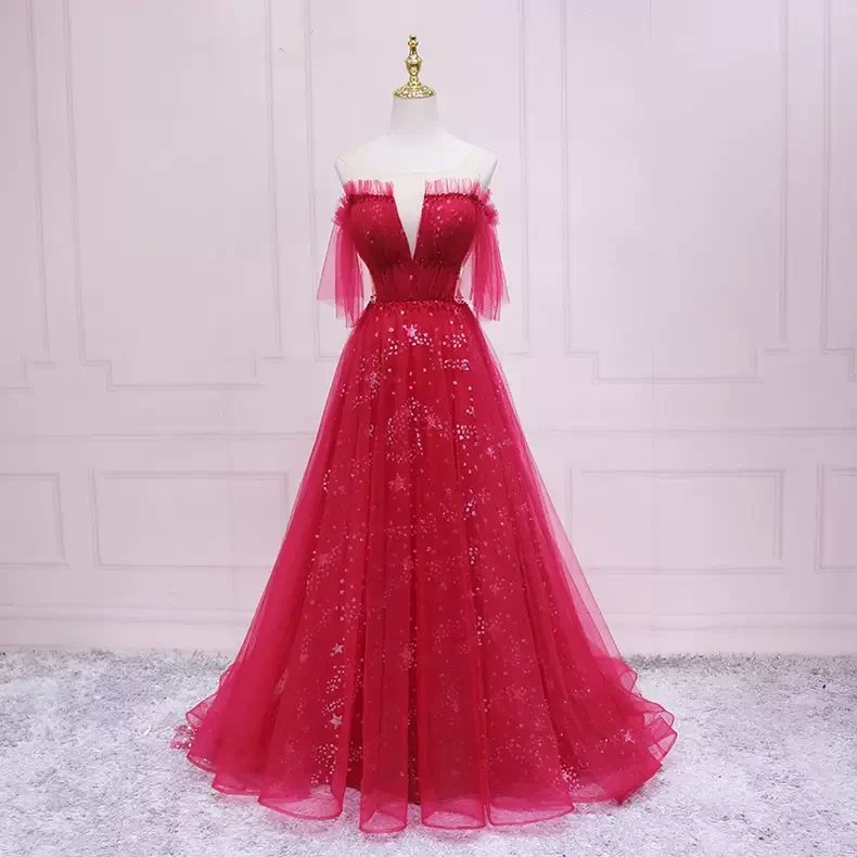 Sequined DressNew Arrival Burgundy Tulle Prom Dress Charming Prom Dress s25
