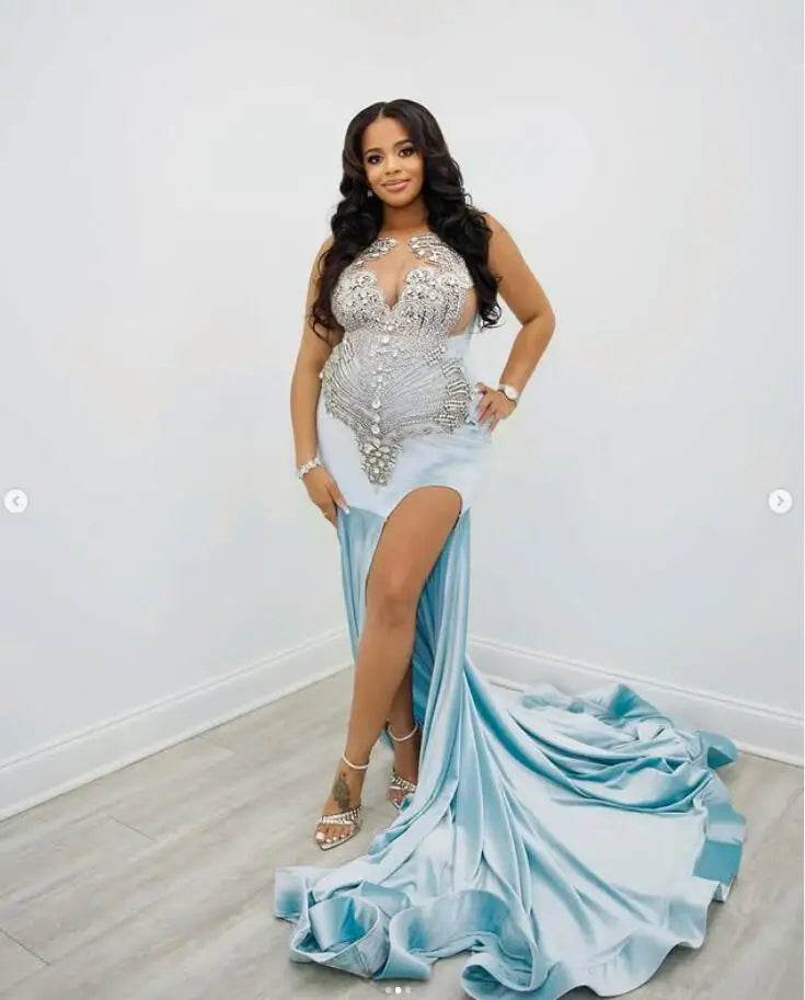 women's petite dressesSky Blue Sparkly Mermaid Evening Cocktail Dresses Customsized Luxury Diamond Sexy Slit Prom Birthday Gala Gown Outfit