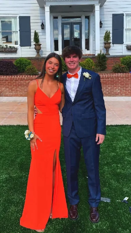 women's party dressesMermaid V Neck Spaghetti Straps Long Prom Dress Side Slit Y483