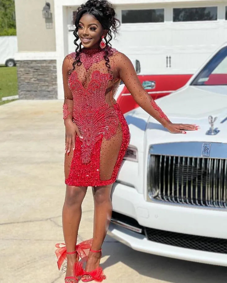 women's high-end dressesRuby Red Short Prom Homecoming Dress with Long Sleeve Luxury Crystal Black Girl Birthday Cocktail Gown bestido de gala