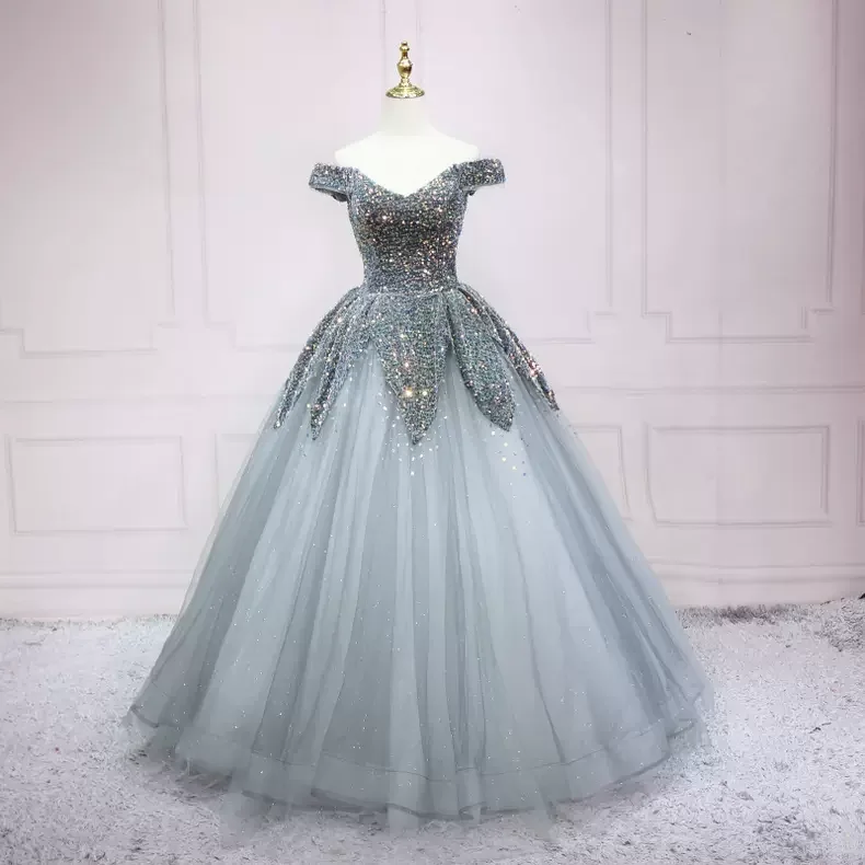 High-Neck DressSilver Off The Shoulder Tulle Prom Dress  s12