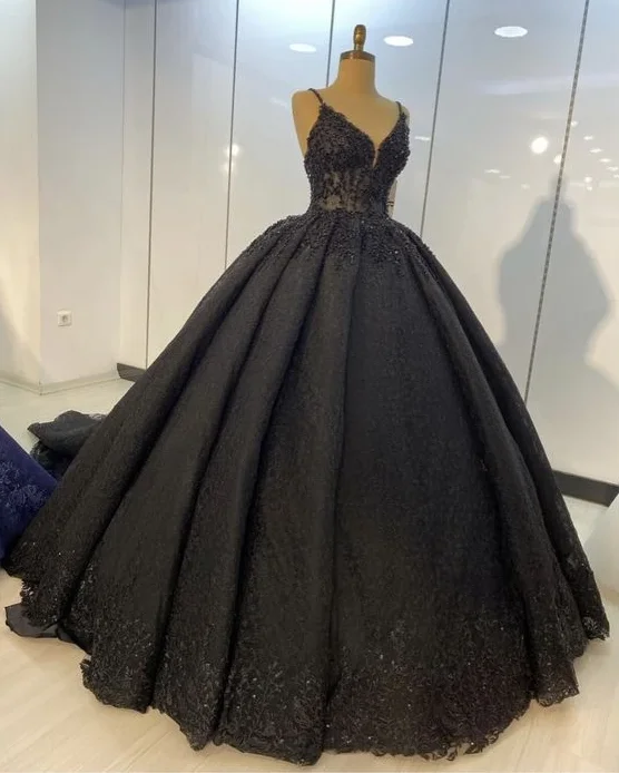 women's cold-shoulder dressesBlack lace ball gown dresses for wedding , spaghetti straps prom dress S22981 women's cold-shoulder dressesBlack lace ball gown dresses for wedding , spaghetti straps prom dress S22981