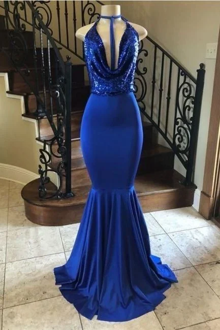 women's cold-shoulder dressesRoyal Blue Sequin Bodice V-Neck Halter Long Mermaid Prom Dresses Y160 women's cold-shoulder dressesRoyal Blue Sequin Bodice V-Neck Halter Long Mermaid Prom Dresses Y160