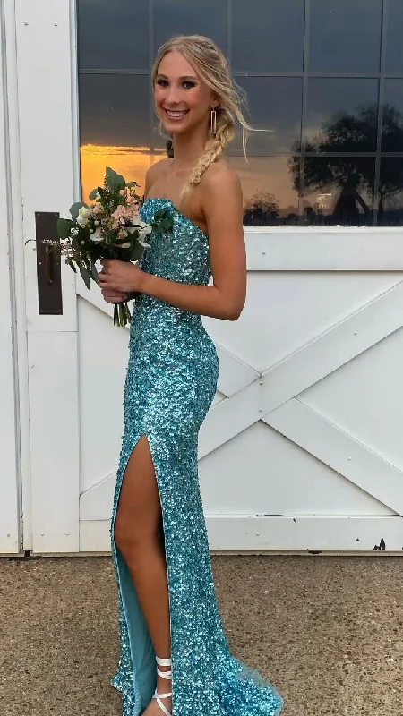 Backless DressMermaid Sequins Long Prom Dress Strapless Formal Gown Side Slit Y267 Backless DressMermaid Sequins Long Prom Dress Strapless Formal Gown Side Slit Y267