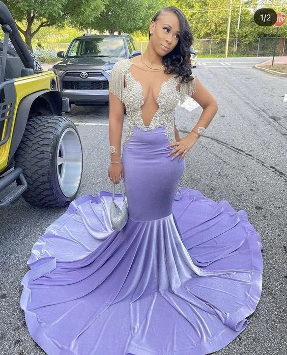 women's chiffon dressesShinning purple mermaid prom dress with train S26237